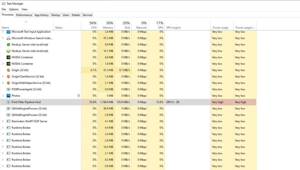 Print Filter Pipeline Host High CPU Server 2019