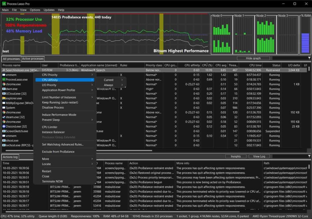 Advanced Features in Process Lasso Related to CPU Affinity