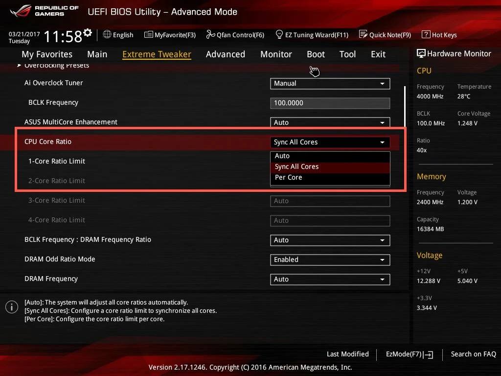 CPU Core Ratio sync all cores or auto Windows 10